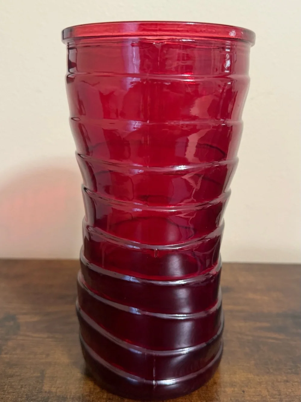 Red Hoosier Glass Vase- Swirl Texture- 8.5” Tall